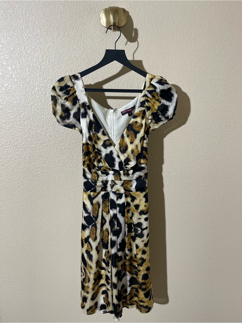 Betsy Johnson Leopard Print V-Neck Puff Sleeve Dress - Brown/Black